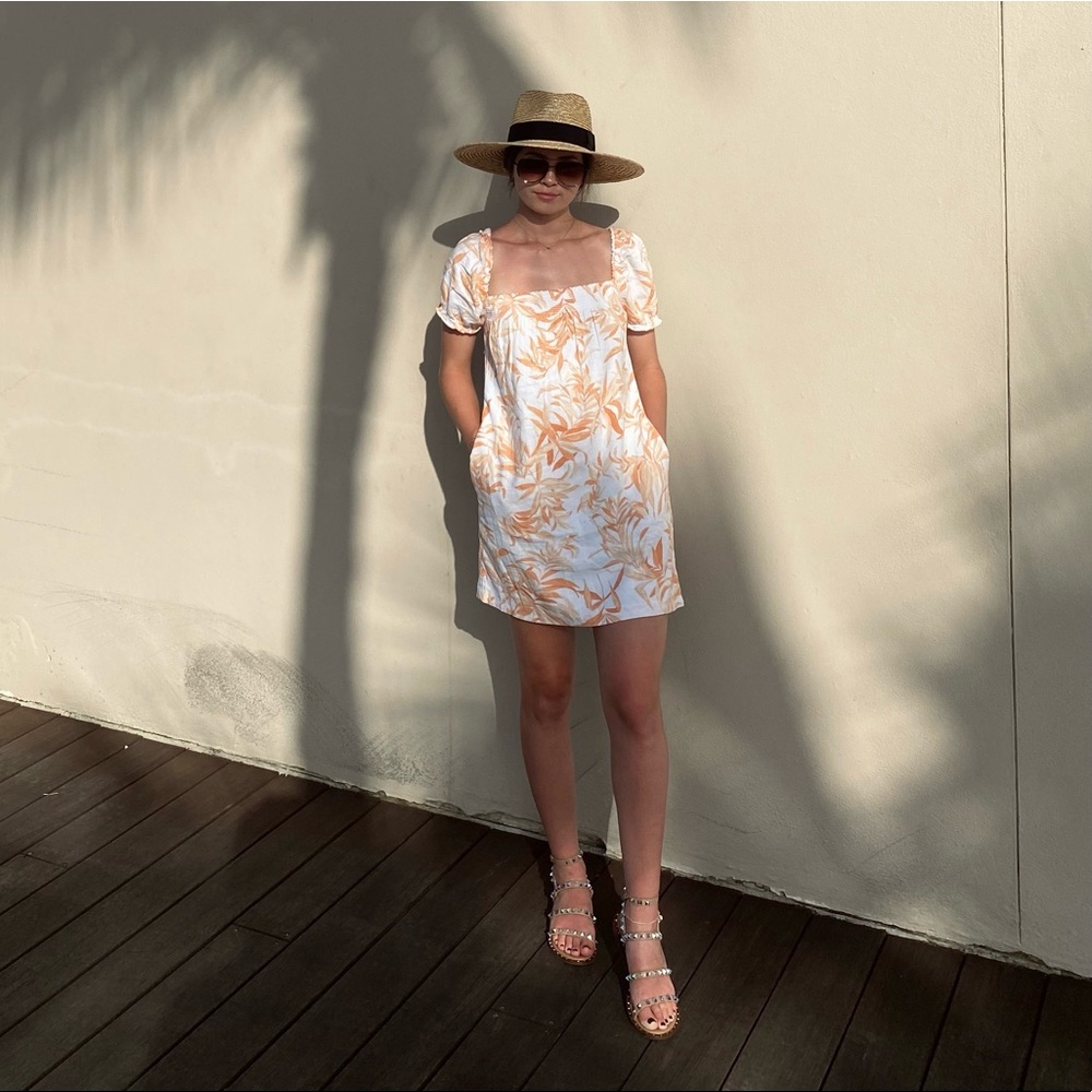 A&F Puff Sleeve Mini Dress - Bright Orange & White Pattern